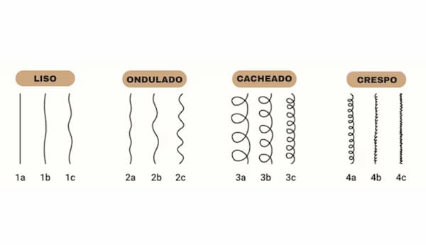Diferentes curvaturas de cabelo: liso, ondulado, cacheado e crespo, com cuidados e definição para cada tipo.